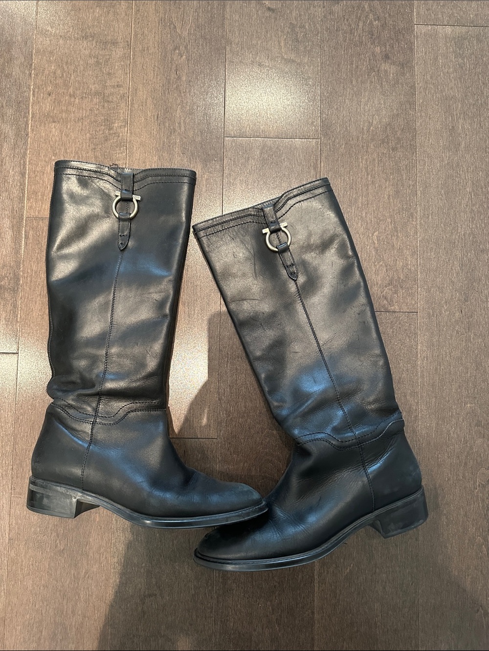 Salvatore Ferragamo Black Leather Riding Boots with Silver Ring Accent